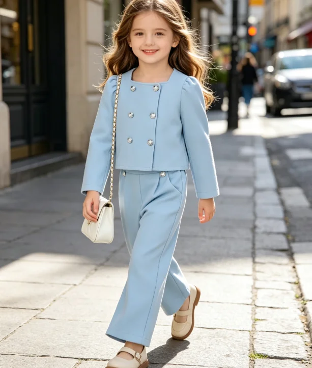 Girls' Suit 2026 Spring and Autumn New Children's Wear Girls' Baby Square Collar Bubble Long Sleeve Coat Suit Pants Two Sets