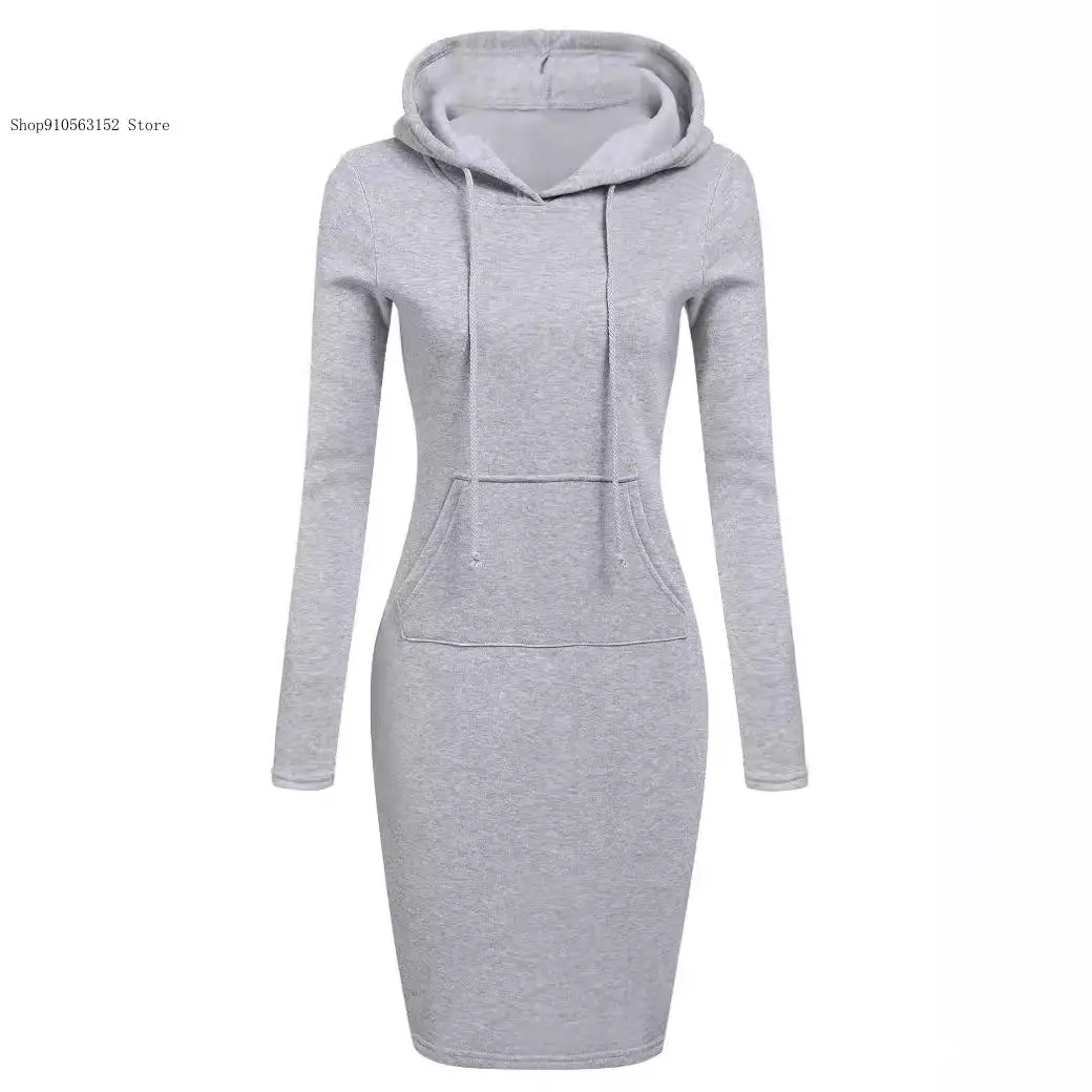 Autumn and Winter European and American Leisure Commuting Pure Color Hooded Long Sleeved Dress for Women