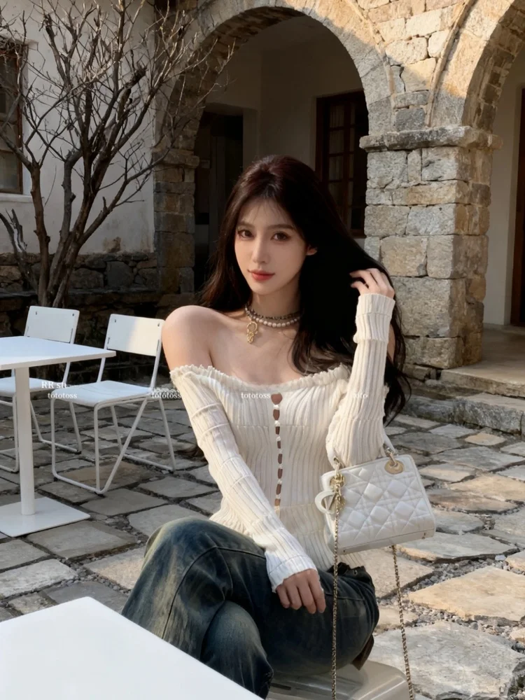 

Long Sve Knitted T-irt oulder Bared Waist Cinched Stripe Pattern High-Defn Commute Sle Cotton Casual Wear