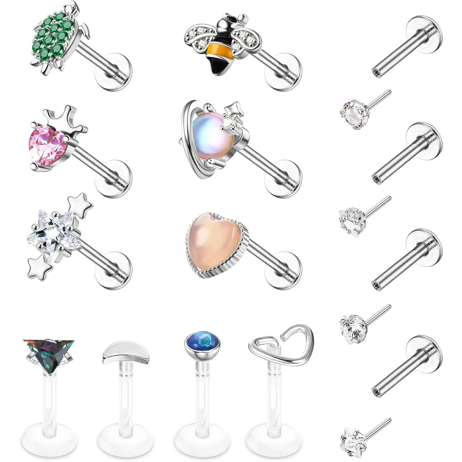 Drperfect 14PCS Surgical Steel Stud Earrings Set for Women Flat Back Tragus Medusa Nose Labret Conch Helix Piercing Jewelry Gift