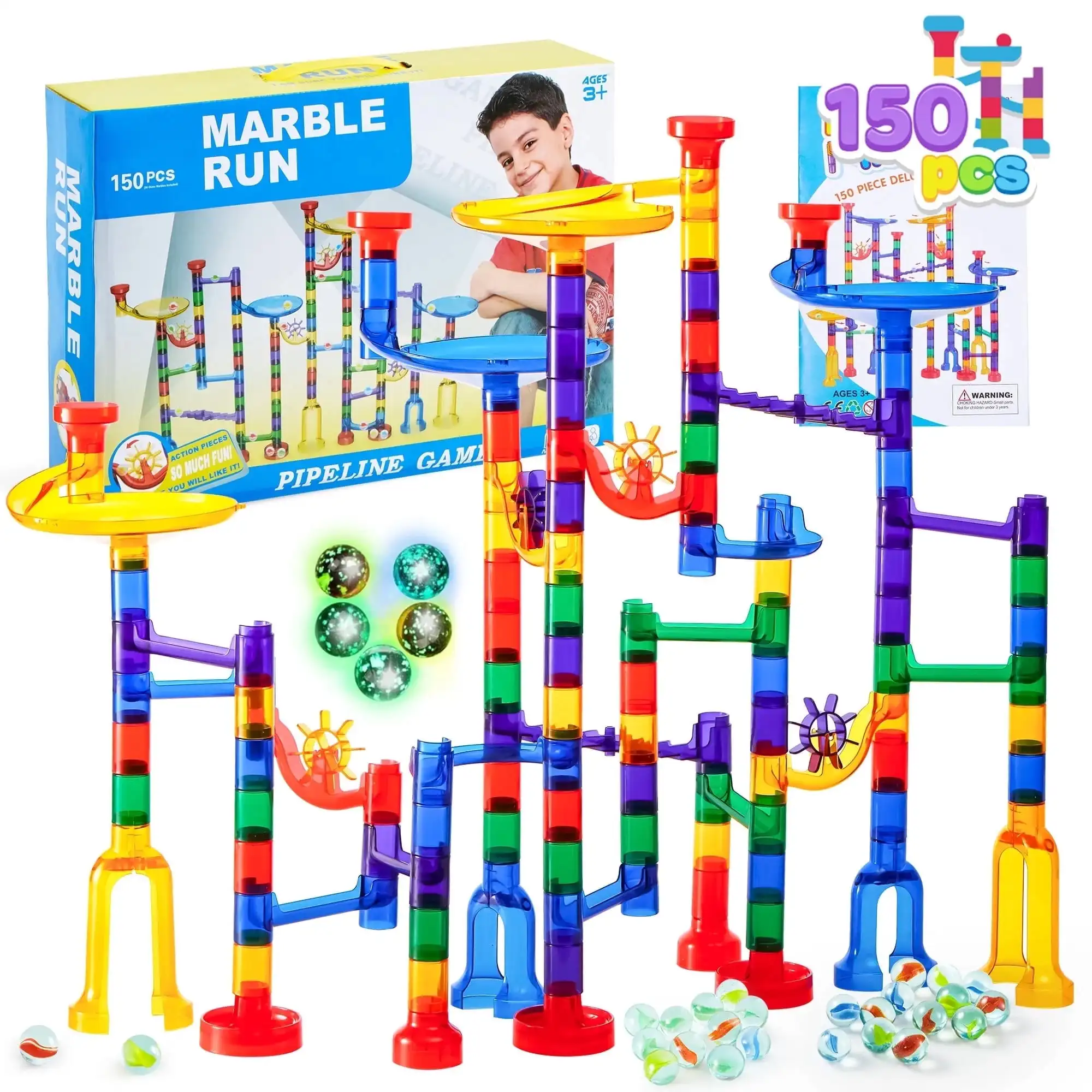 Joyfy 150 Pcs Glowing Marble Run Construction Building Blocks Toys with 5 Glow Marbles for Kids Birthday Christmas Gift