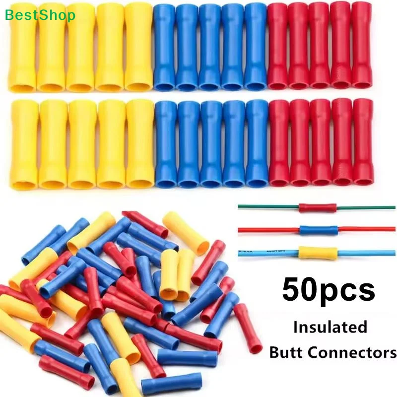 〔Z〕50Pcs Cold Press Terminal Assorted Butt Connector Insulated Crimp Terminals Electrical Cable Wire Connectors