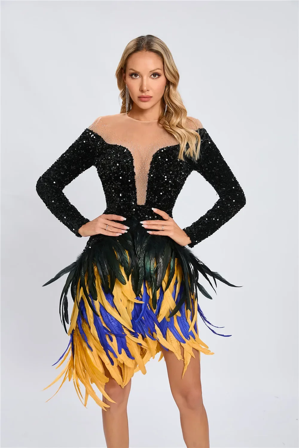 

Women Luxury Evening Dress Black Long Sleeve Sequines Tulle Inset Beading Feathers Patchwork Bodycon Mini Celebrity Party Dress