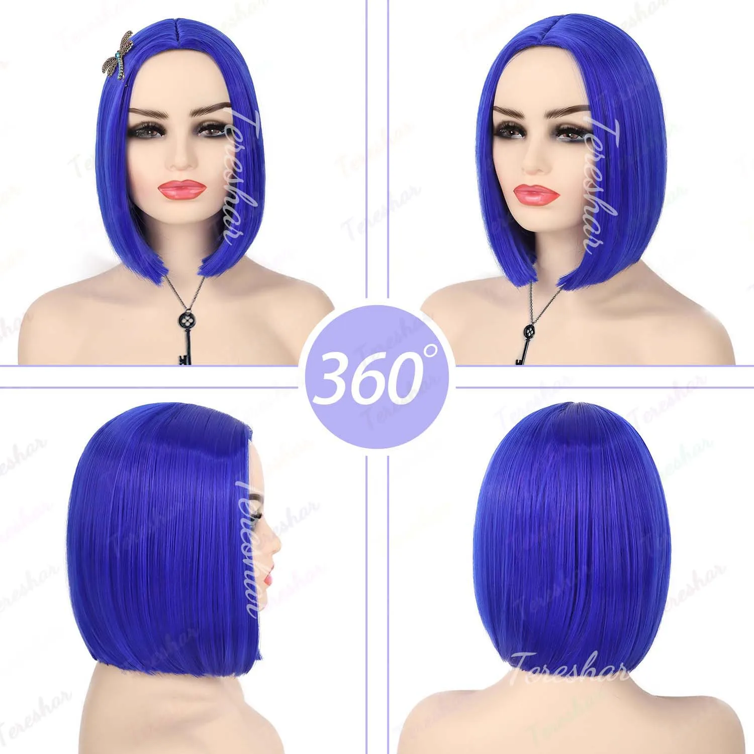 باروكة بوب صناعية باللون الأزرق الداكن مع 1 * دبوس شعر + 1 * باروكات قصيرة مستقيمة للنساء والفتيات أزياء تنكرية لحفلات الهالوين أو المرح