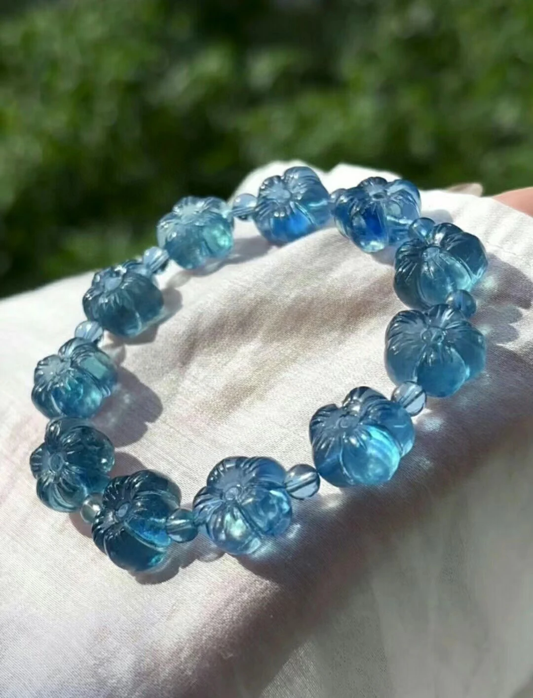 Natural Blue Aquamarine Clear Flower Beads Bracelet 13mm Women Men Brazil Stretch Blue Aquamarine Jewelry AAAAA