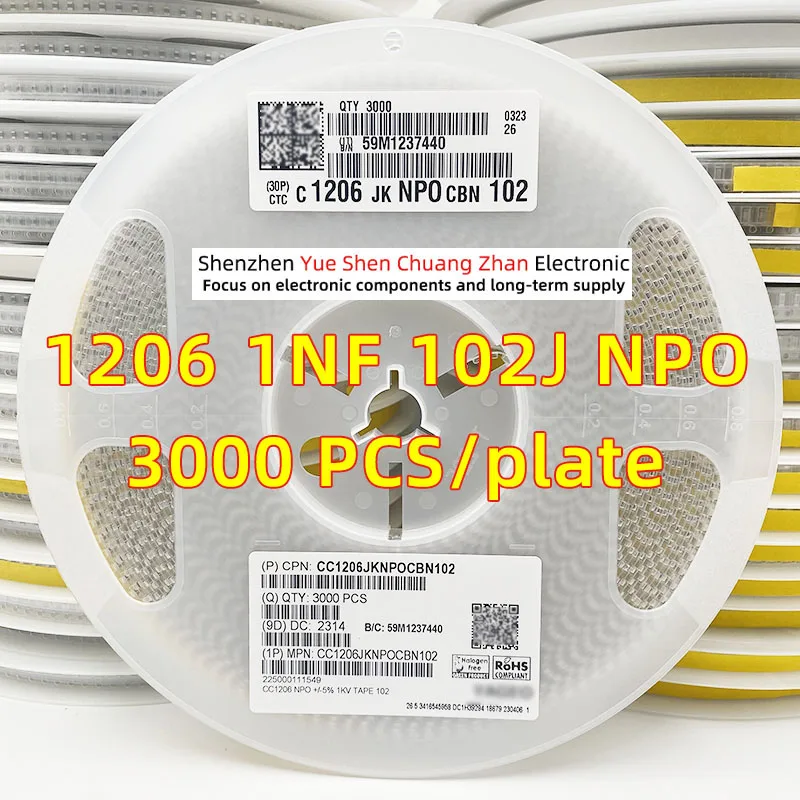 Patch Capacitor 1206 102J 1NF 1000PF 1000V 1KV Error 5% Material NPO/COG Genuine capacitor（Whole Disk 3000 PCS）