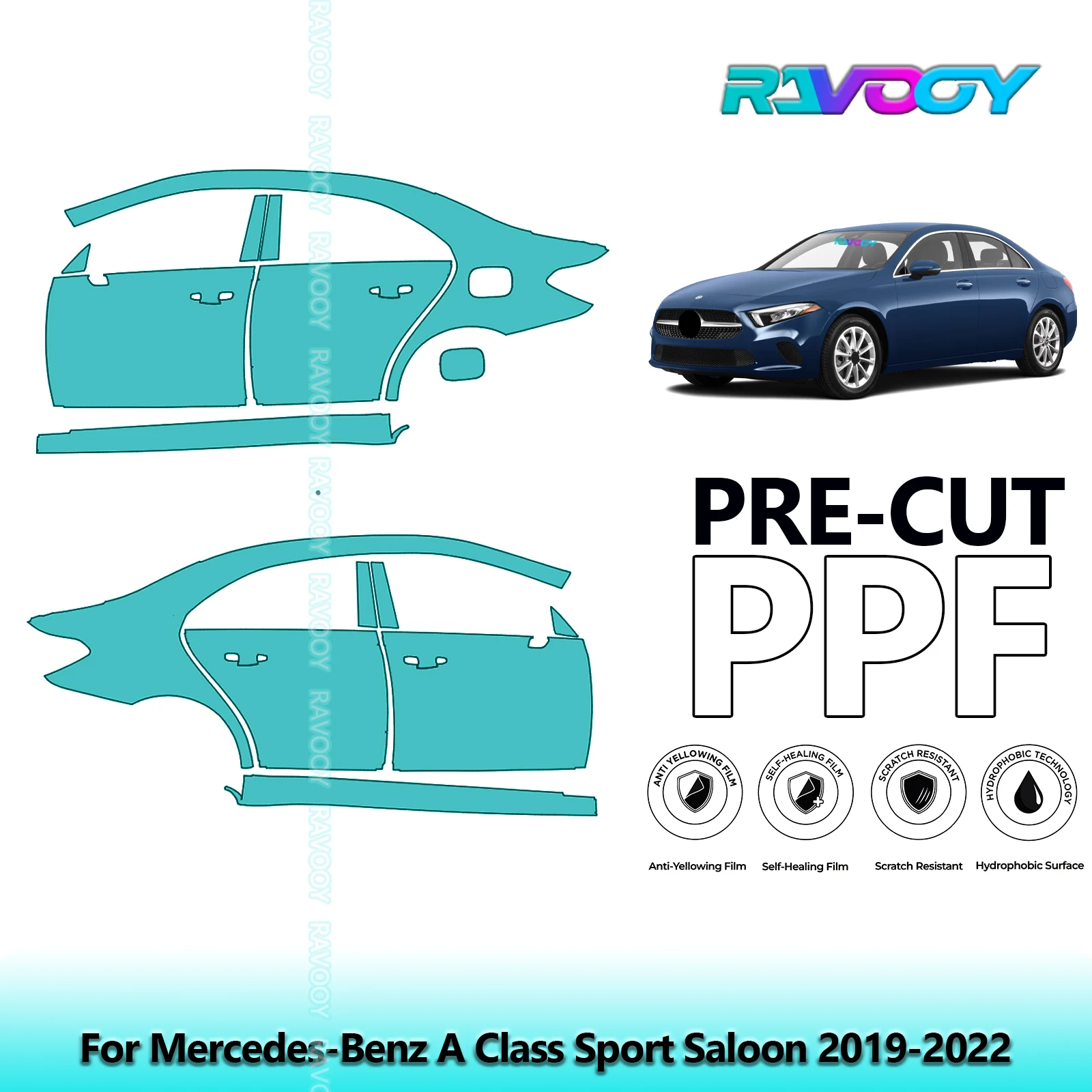 

For Mercedes-Benz A Class Sport Saloon 2019-2022 8.5mil Pre-Cut PPF Door & A/B Pillar Kit TPU Paint Protection Film Set
