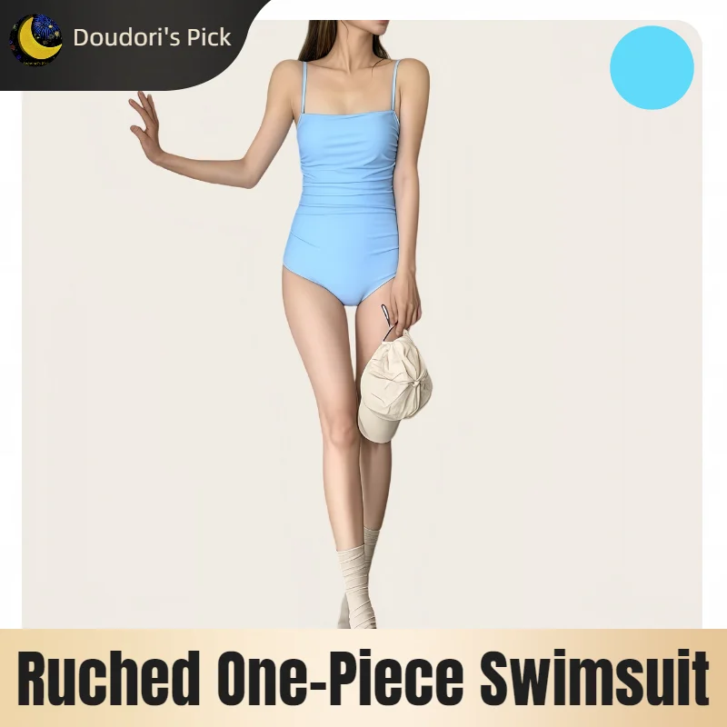 Maillot de bain une pièce pour femme, style coréen, bleu ciel, tissu à séchage rapide, design plissé, bretelles spaghetti, coupe ajustée
