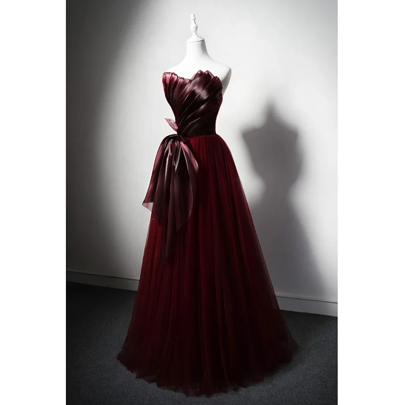 

Burgundy Celebrity Dress Pleated Bow Ribbon Strapless A-Line Elegant Lace Up Tiered Formal Party Dance Wedding Evening Prom Gown