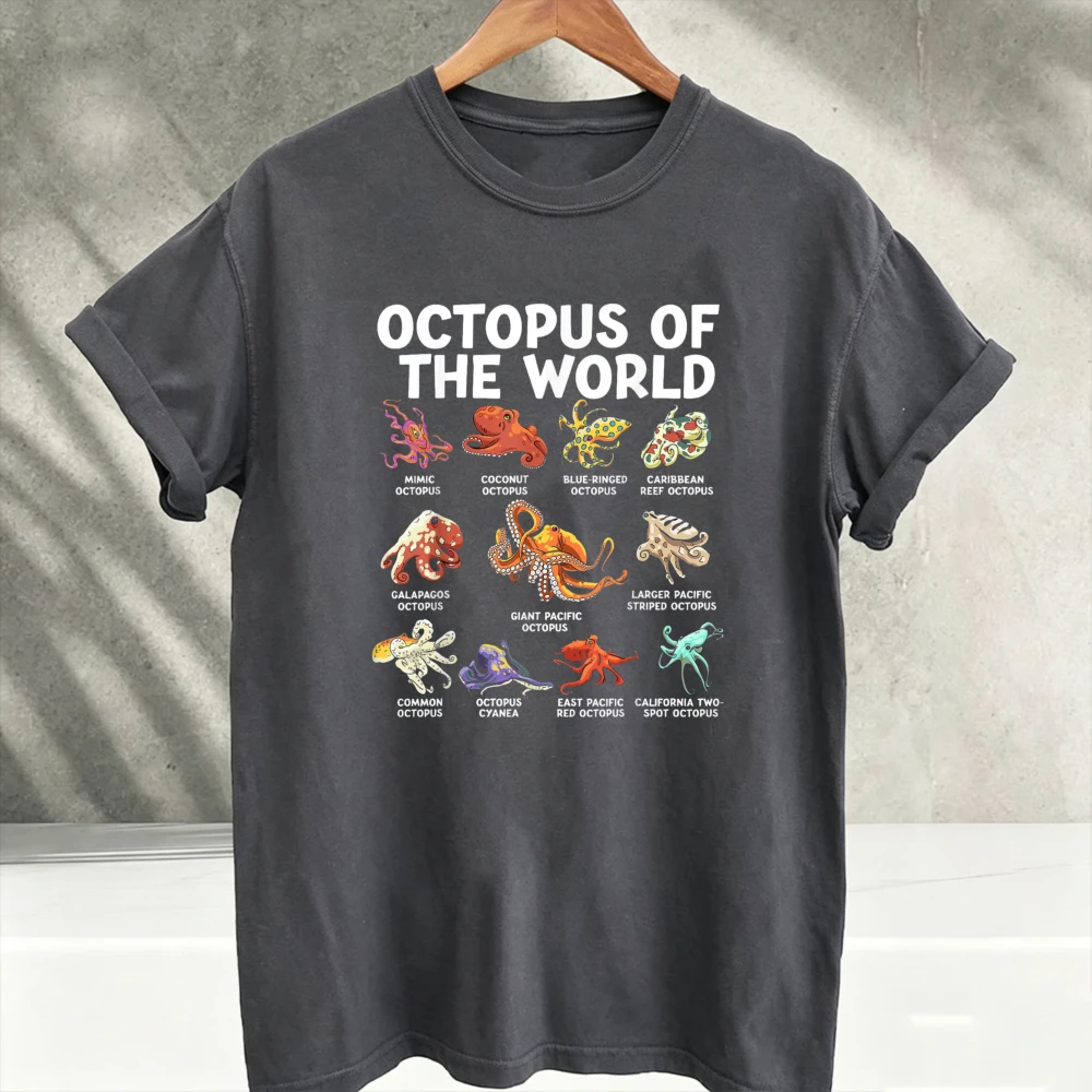 Poulpe du monde : Tableau des différentes espèces de poulpes, T-shirt graphique, Biologie marine, Créature marine, T-shirts éducatifs en coton