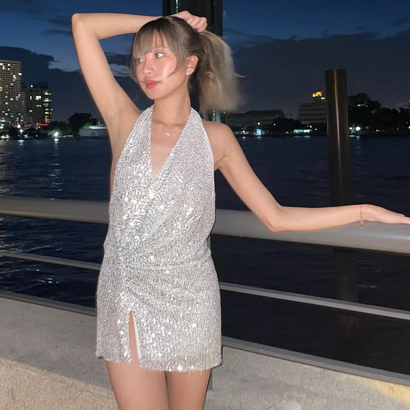 

Woman Evening Dresses Sexy Sequins V-neck Club Short Dress Iridescent Shiny Party Short Dress