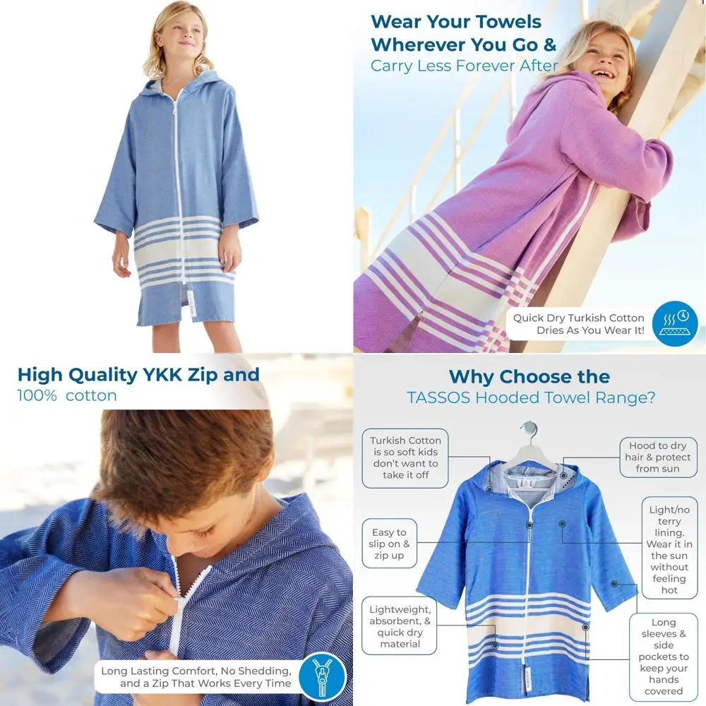 

Lightweight Kids Bathrobes and Hooded Towels - Turkish Bath Towels with Zipper and Pockets - Perfect Gift for Children
