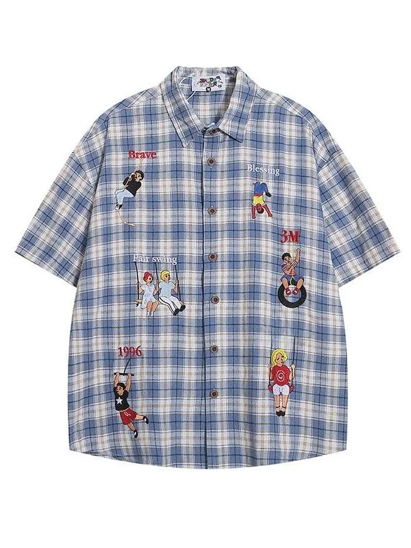 

plus Size 300 Pou American High Street Plaid ort Sve irt Men's Summer Design Couple's Cheered irt Casual Loose Fit