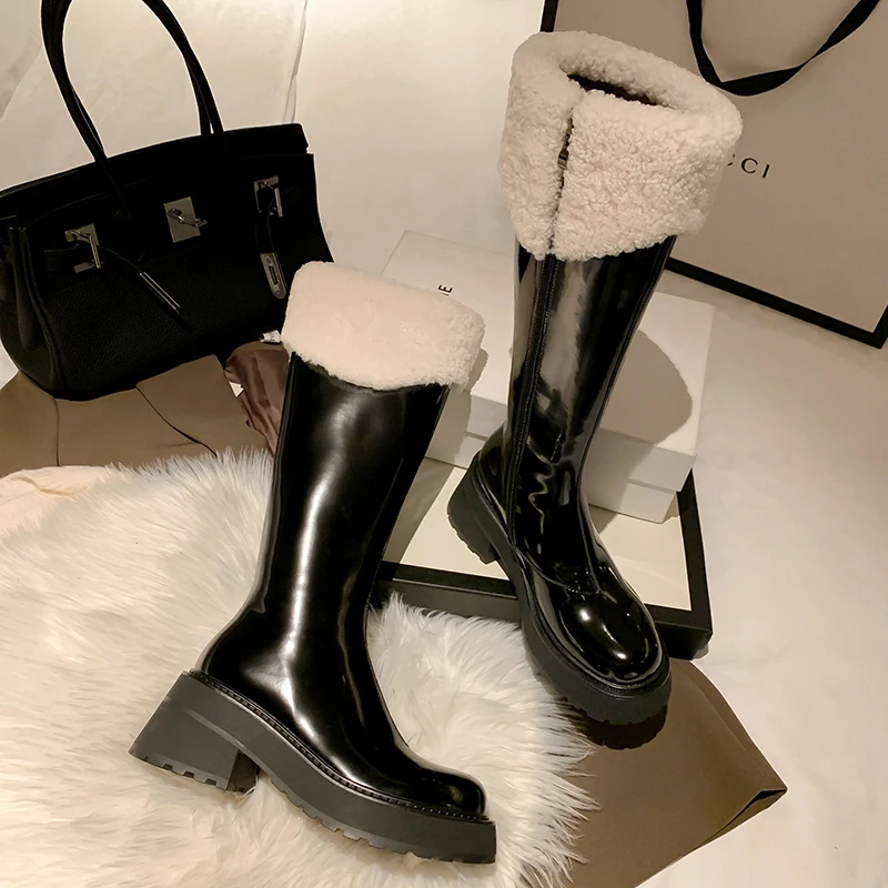 

2023 New Winter Warmth Wool Thick High Heels Shoes Genuine Leather Women Boots Ladies Zipper Knee High Black Platform Boots