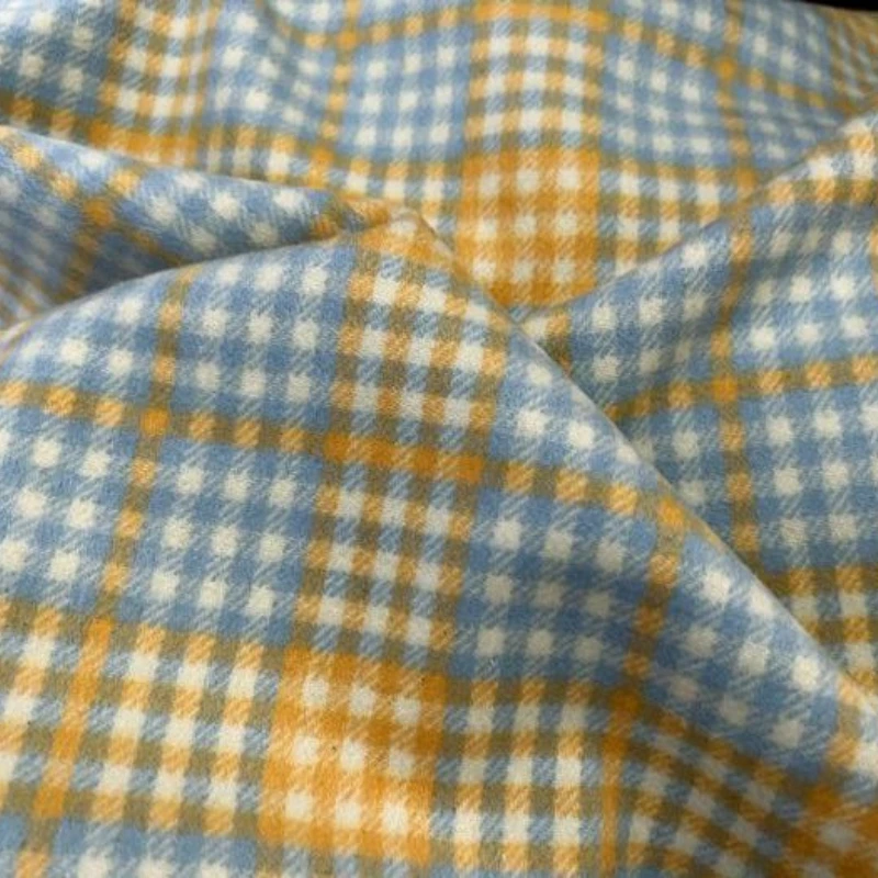 

Fabric Width150cmWool Blended Autumn and Winter Sky Blue White Yellow Small Plaid Yarn-Dyed High Wool Geometric Pattern Diy Coat