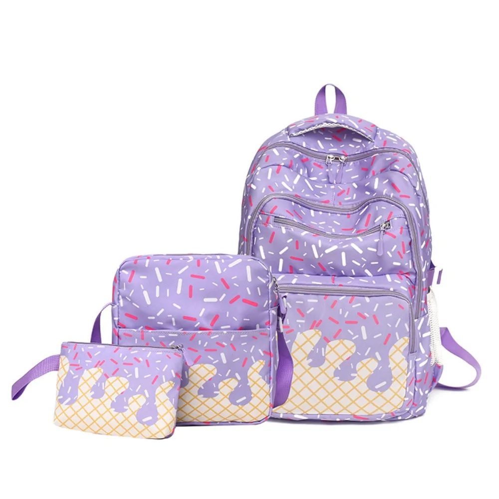 3PCS Stylish Ice Cream Print Backpack Set Waterproof Spacious School Backpack Colorful Durable Printed Schoolbag Campus