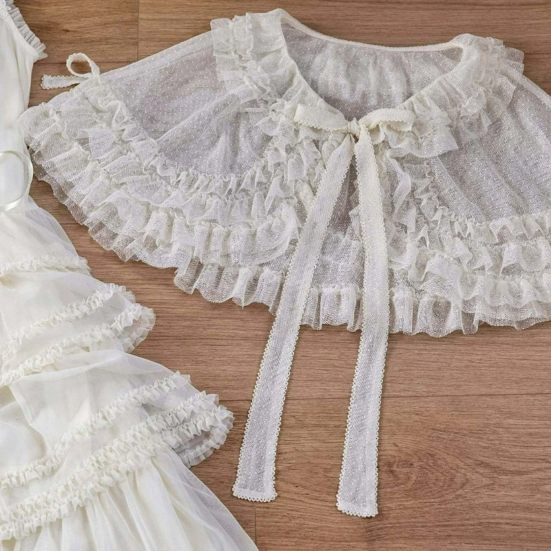 Summer Sweet Lolita Short Shawl Coats Women Kawaii Ruffles Lace Mesh Bow Open Front Poncho Vintage Elegant Princess Capes Wrapa view 5