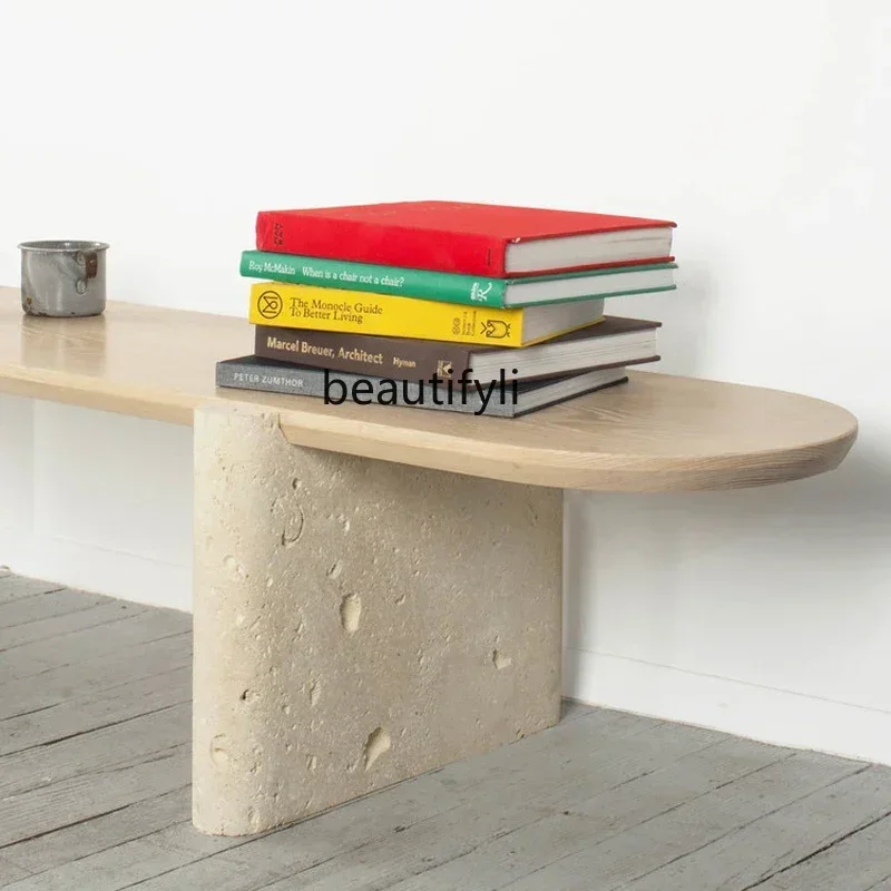 02 Nordic designer natural travertine coffee table, simple solid wood model room living room creativity, low table