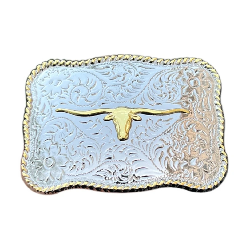 Vintage Carved Floral Vine Pattern Belt Buckle Metal Adult Bull Head Shape Buckle Replacement DIY Craft Belt Buckle