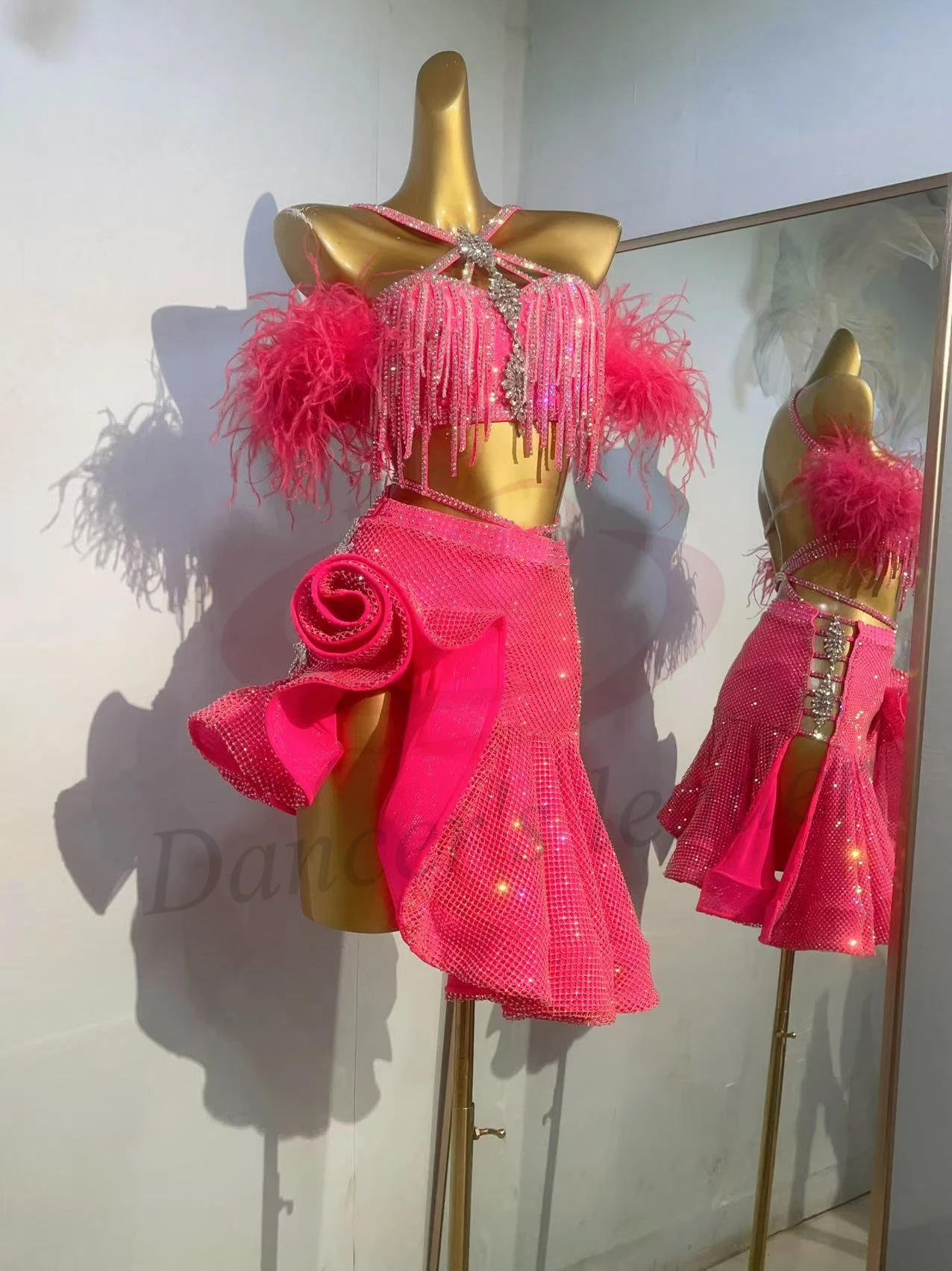 Latin Dance Women's High-end Customized Diamond Steamed Rolls Skirt Cha Cha Samba Performance Rhinestone Dress