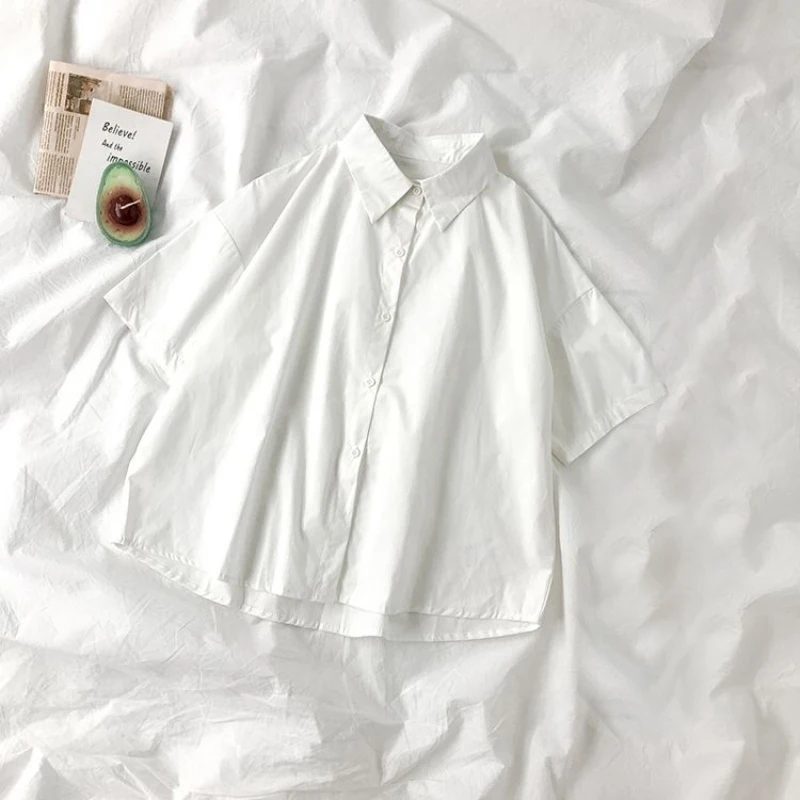 White Shirts Women Jk Japanese Tie Short Sleeve Blouses Preppy Student Summer Korean Button Up Simple Solid Loose All Match Tops