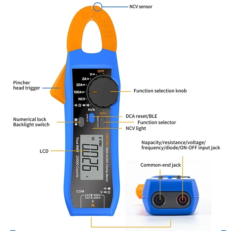 CM2100 CM2100B Digital Electrical Clamp Meter True RMS VFC Diode Multimeter 100Amp 600V Smart AC/DC 20000 Counts Ammeter Voltage