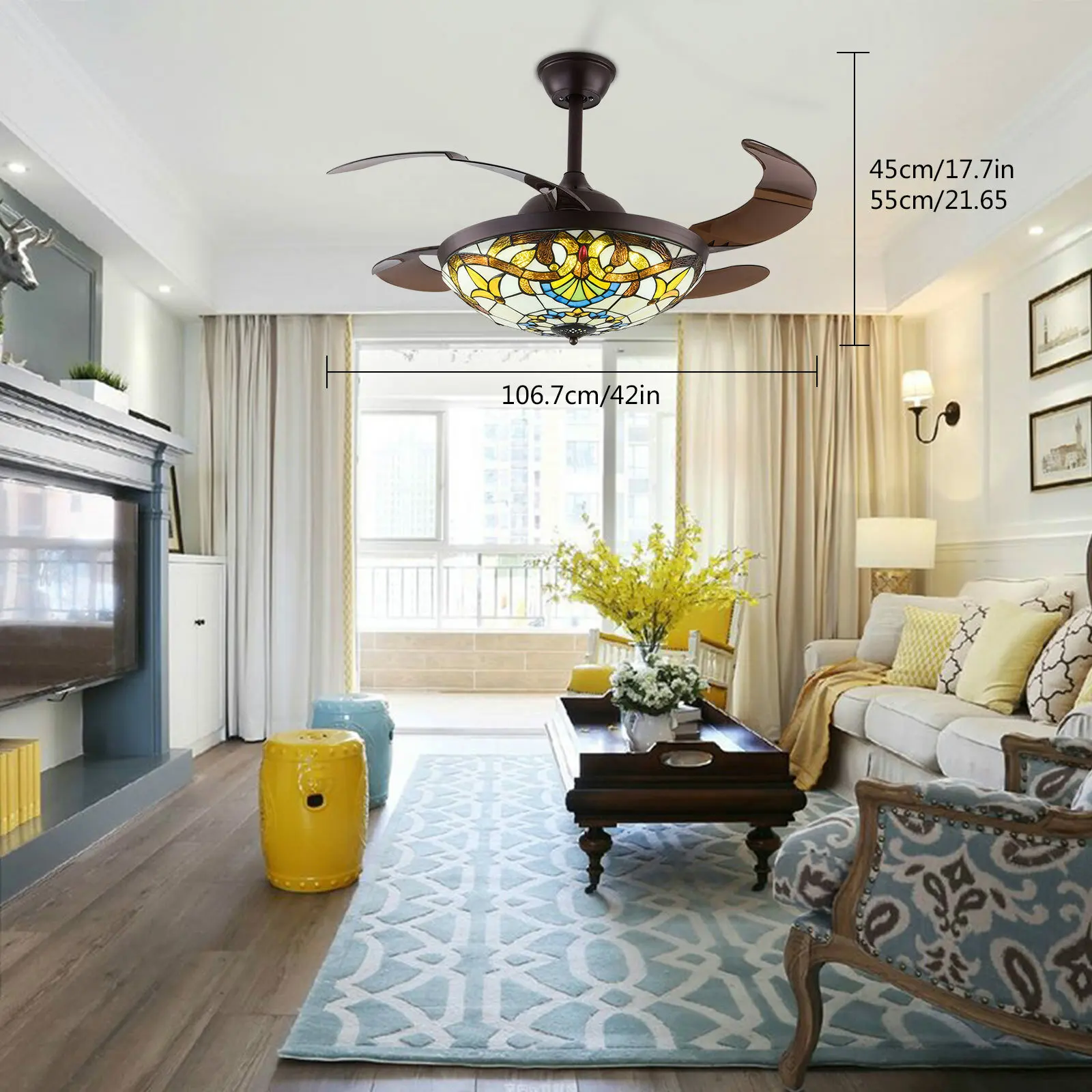 42 Inch Tiffany Style Retractable Ceiling Fan with LED Light, Remote Control, 3 Color Changing & 3 Speed Fan Light for Living Room Dining Room