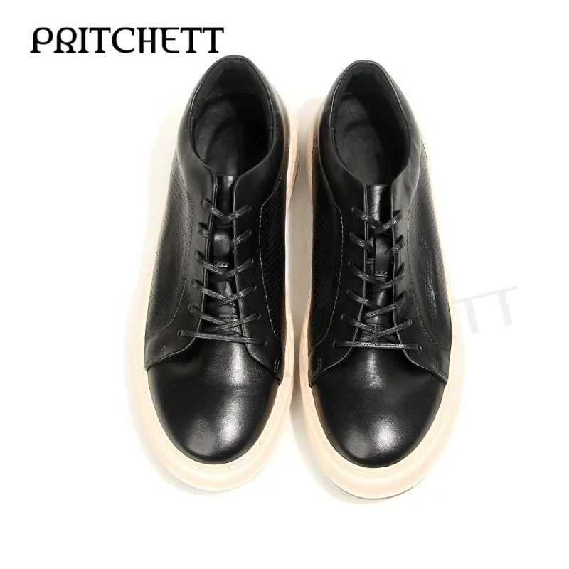 Genuine Leather Lace-Up Thick-Soled Sneakers Hollow Horsehide Leather Casual Shoes Personalized and Comfortable Daily Men's Shoe