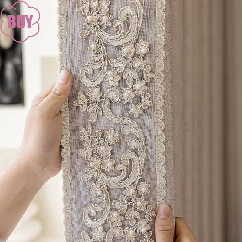 Modern French American Cream Style Light Champagne Semi-shading Balcony Floor Curtain Curtains for Living Dining Room Bedroom