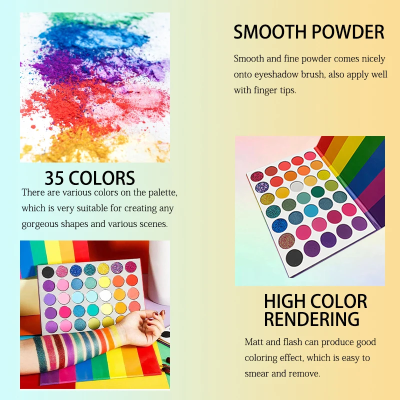35-Farben-Regenbogen-Lidschatten-Palette, matt, schimmernde Oberflächen, hoch, mischbares, langanhaltendes Augen-Make-up, lebendige Farbtöne für Partys