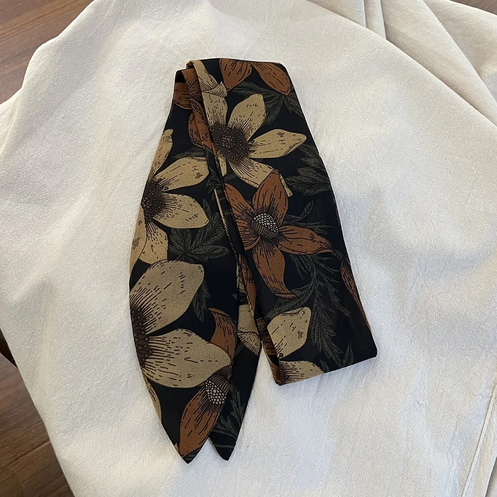 

Retro Hong Kong Style Floral Print Long Tails Hair Scarf Versatile Elegant Headband For Women Premium