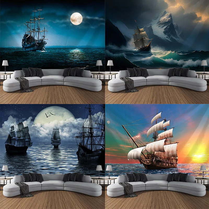 Nautical Landscape Tapestry Retro Pirate Ship Art Wall Hanging Fantasy Aesthetic Decoration Room Art Wall Can Be Customized