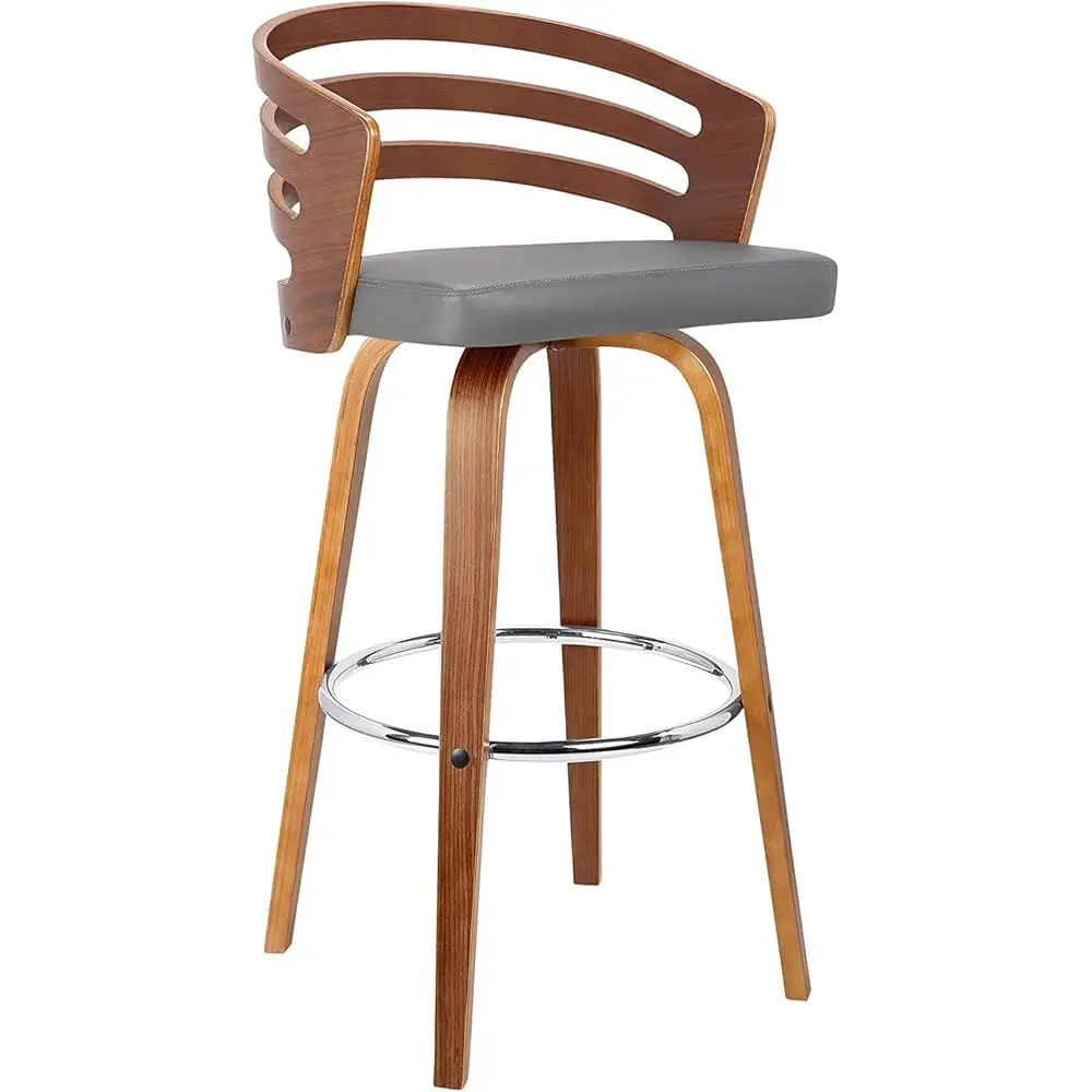 

Jayden Modern 26"" Seat Height Swivel Grey Faux Leather And Walnut Wood Bar Stool For Kitchen Island Counter
