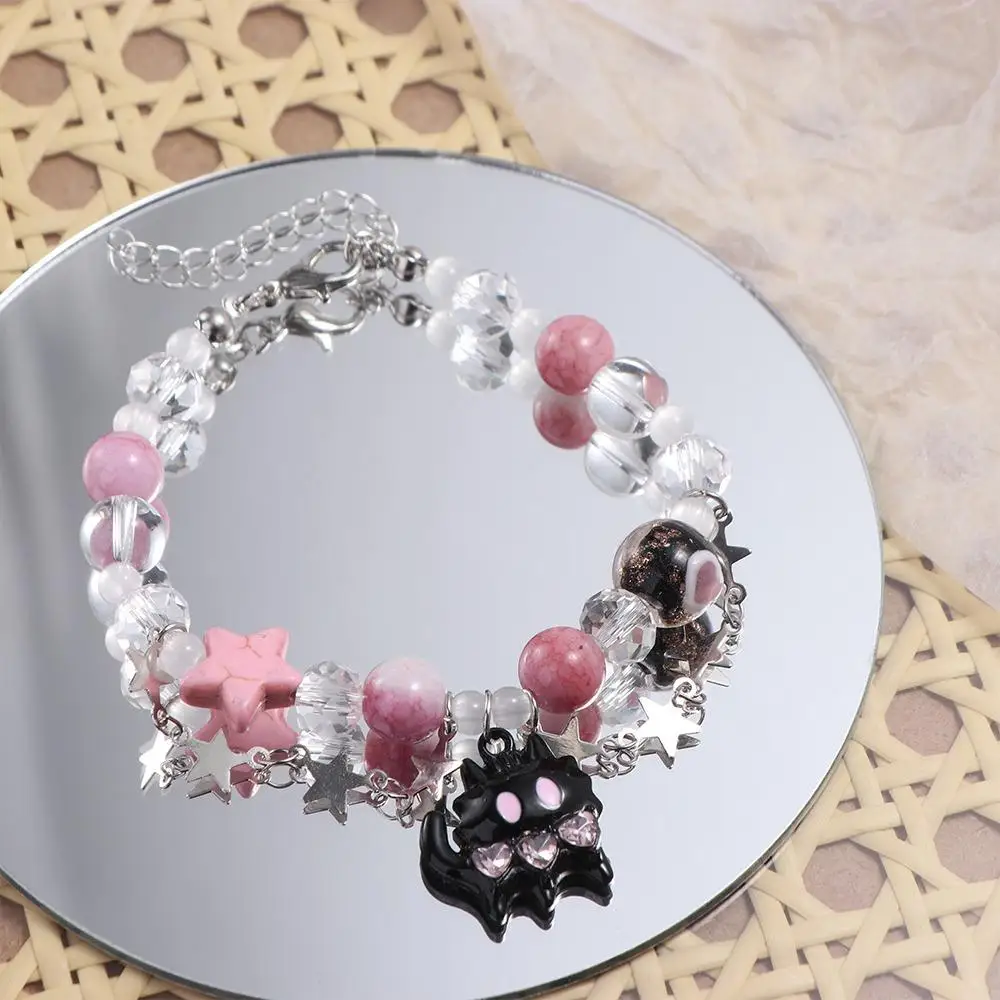 Fashion Dopamine Black Cat Heart Bracelet Y2K Beads Pentagram Star Bangle Korean Style Bow 2 Layer Hand Chain Women