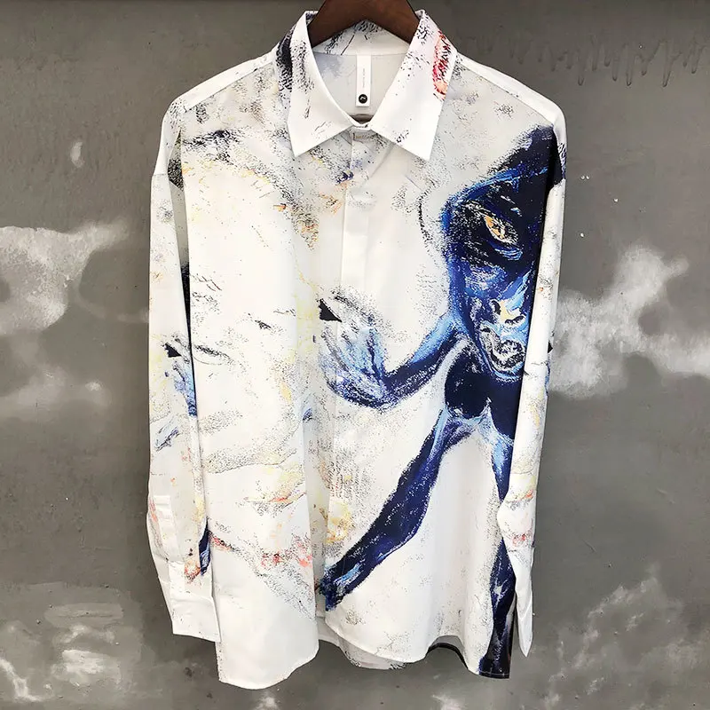 

Fall Holiday Long Sleeved Shirt Casual Abstract Art Contrasting Colors Print Loose Cardigan Men Hawaiian Shirt Chemise Homme