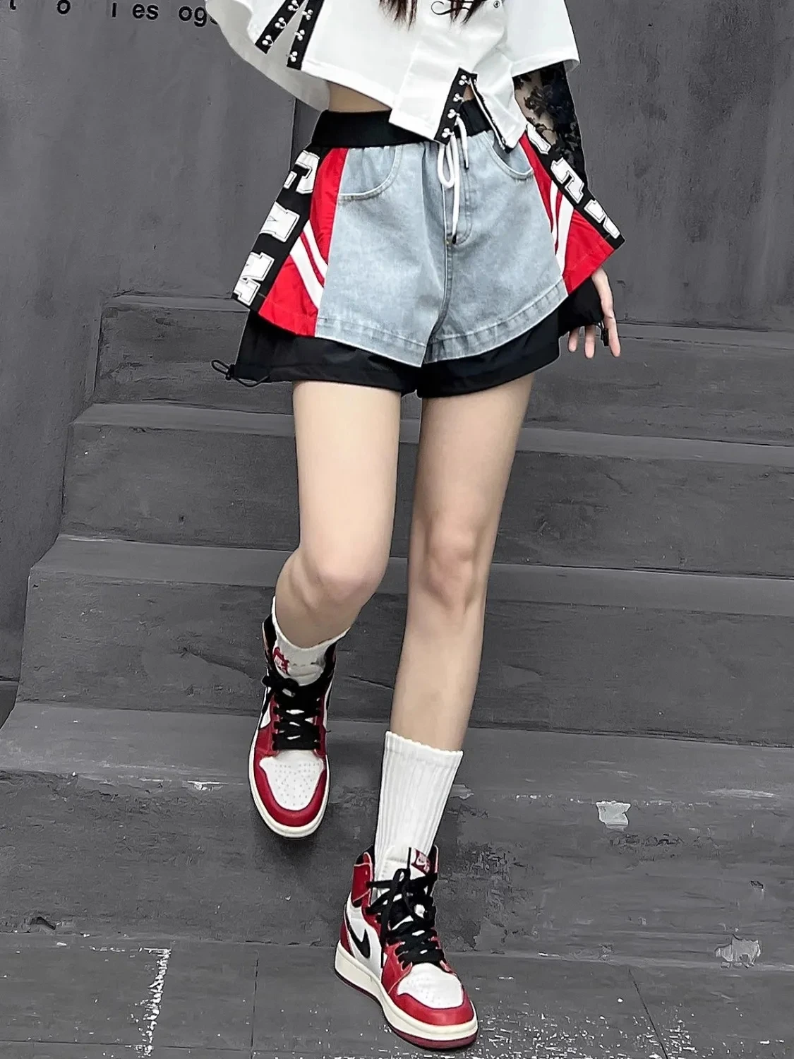 Gothic Womens Denim Shorts Skirt Harajuku Hip Hop Flag Graphic Retro Blue Baggy Shorts High Waist Slim Fit Mini Skirt