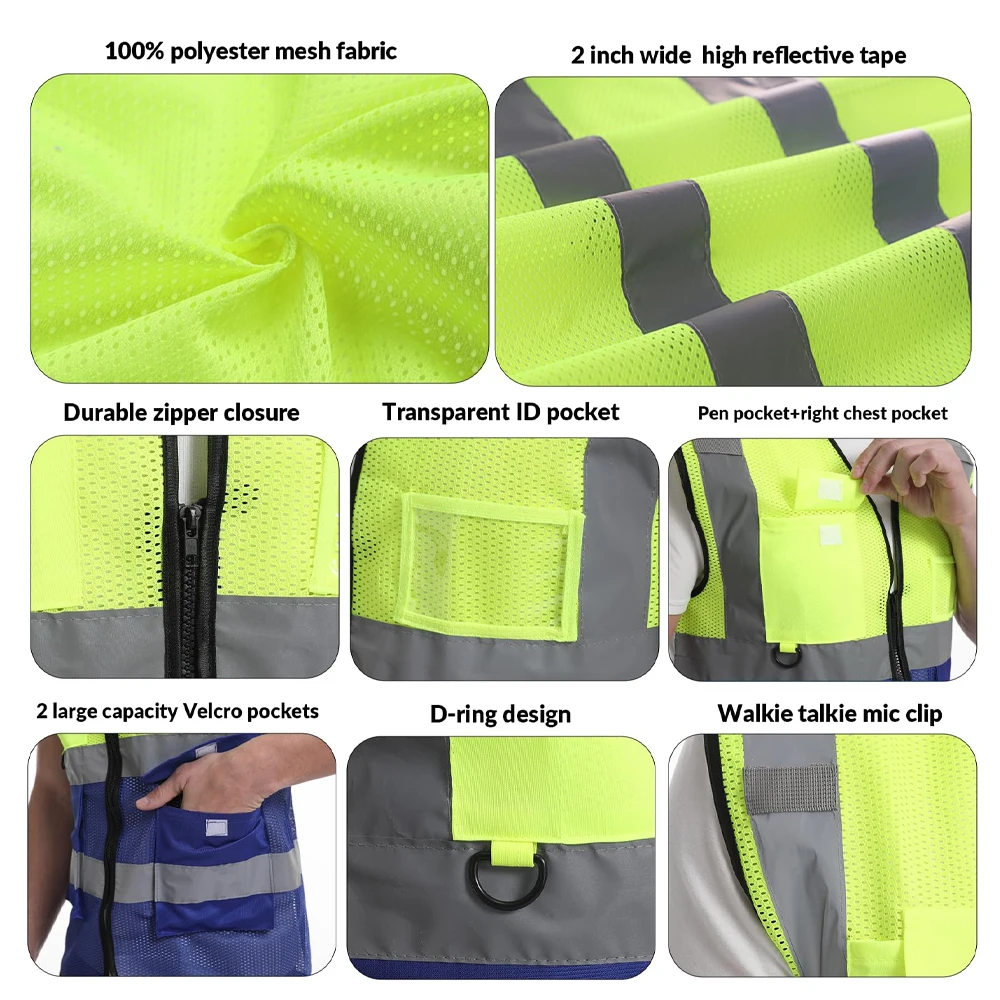 Reflective Mesh Safety Vest High Visibility Dual Color Zipper Front Safety Jacket Hi Viz Clothes Outdoor Protective Workwear