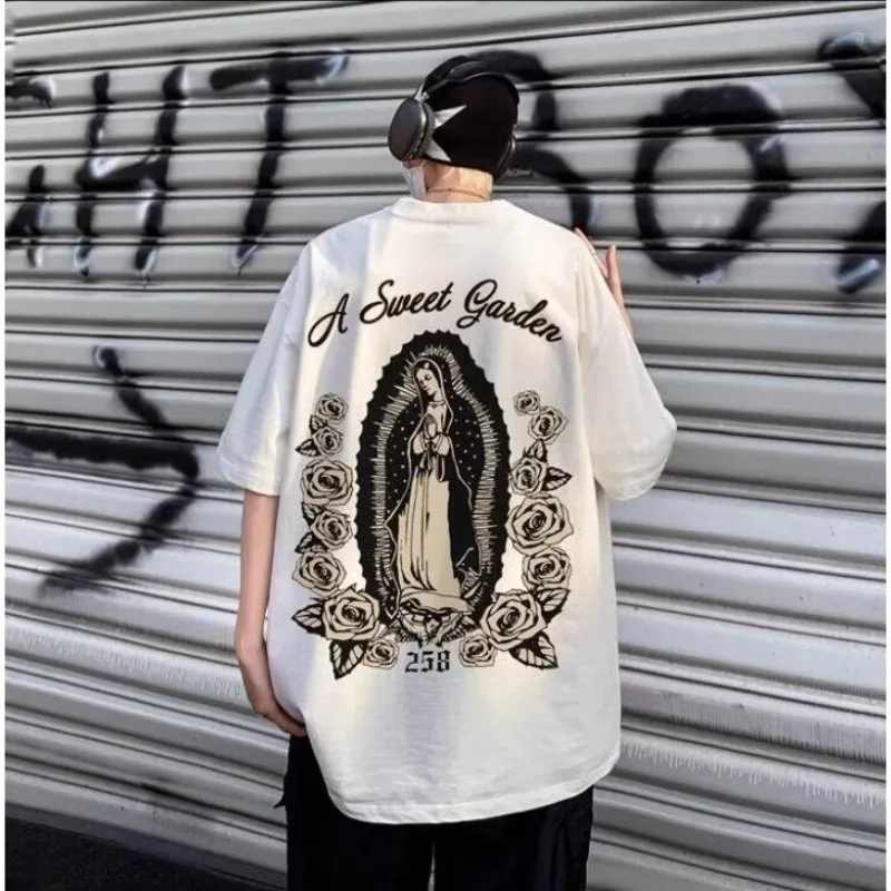 Camiseta masculina grande e solta, americana, renascentista, madonna, estampada com camiseta elegante, manga curta, tendência jovem