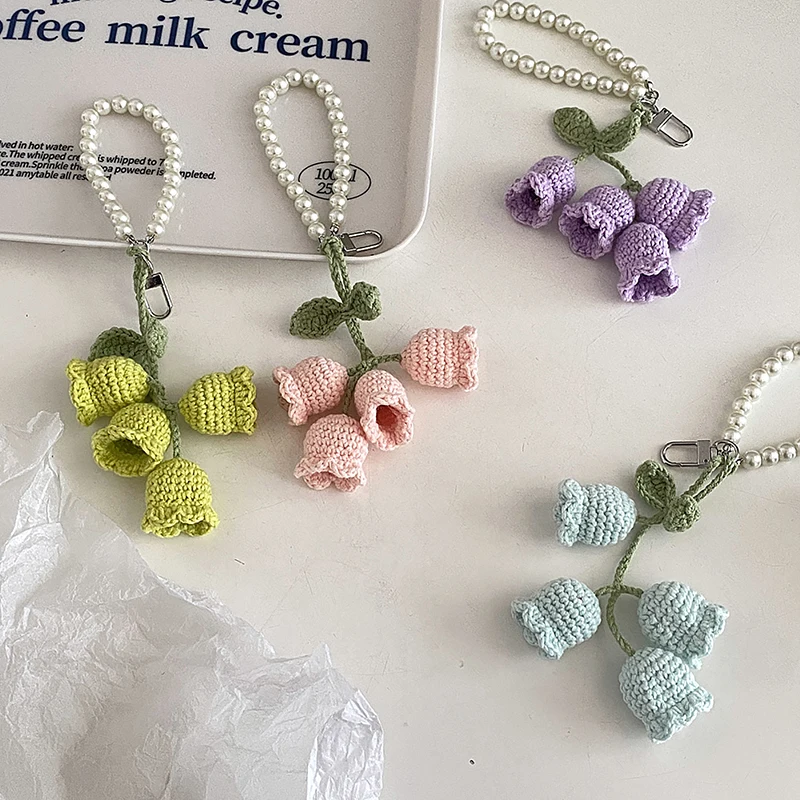 1Pc Lily Of The Valley Flower Knitted Keychain Keyring Women Crocheted Wool Flower Leaf Bag Pendants Car Key Ring Handbag Charms