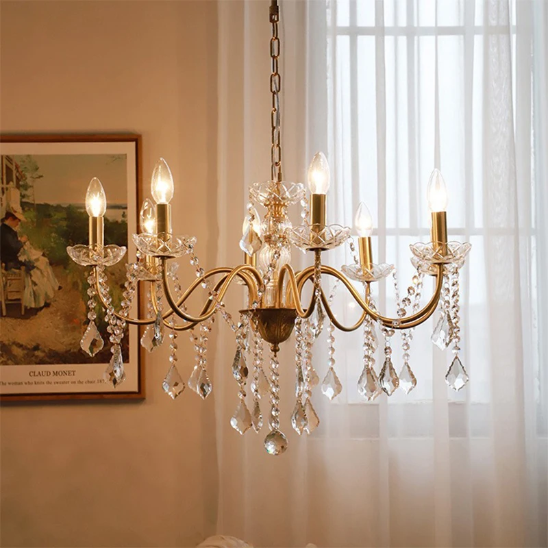 Medieval Crystal Lamp, American Candle Pendant Lamp, French Palace Pendant Lamp, Bedroom, Living Room, All Copper Crystal Lamp