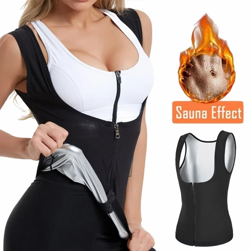 Sauna Sweat Suits Fat Burning Vest Waist Trainer for Women Compression Workout Shapewear Zipper Shirts Exercise Gym Clothes 