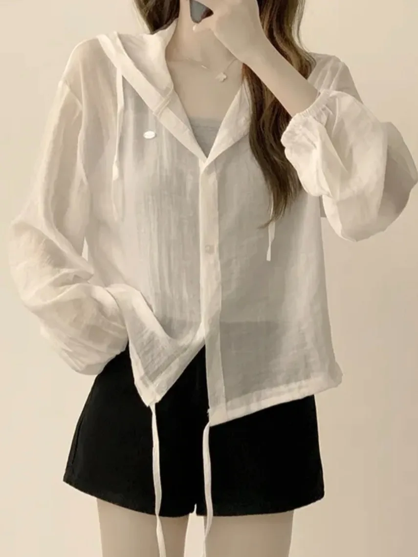 

Korean Sle Faion Single Buttoned Hat Sun Protection Chiffon Top Women's Early Autumn Long Sve Lightweight ort Jaet
