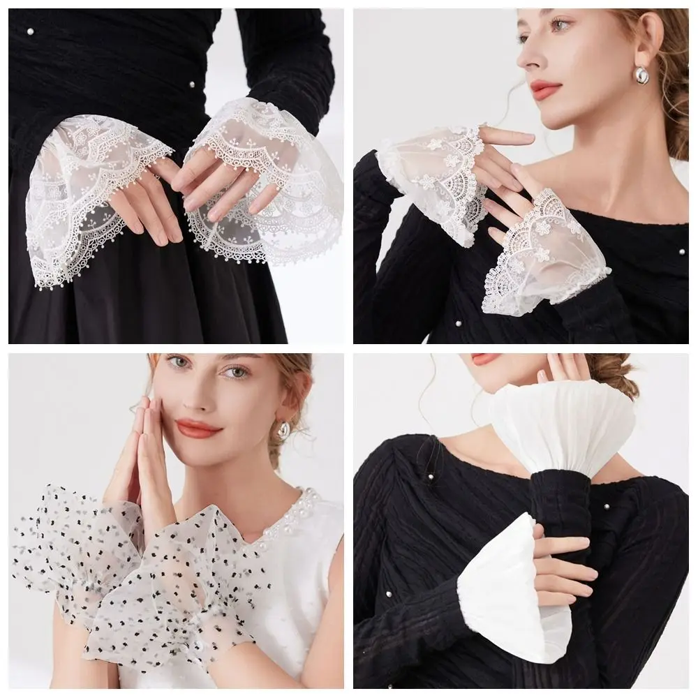 

Gift Double Layer Lace Fake Cuffs Flower Pleated Elastic Sleeve Cuffs Polka Dot Sweet Horn Cuffs Decoration Shirt Decoration