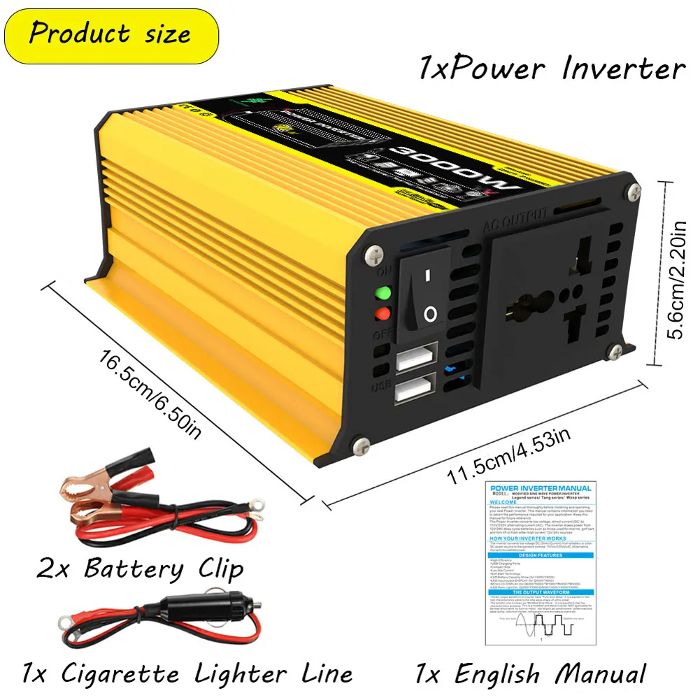 Dual USB Modified Sine Wave Car Power Inverter DC12V-110/220V 3000W Car Inverter Voltage Transformer Automotive Battery Charger