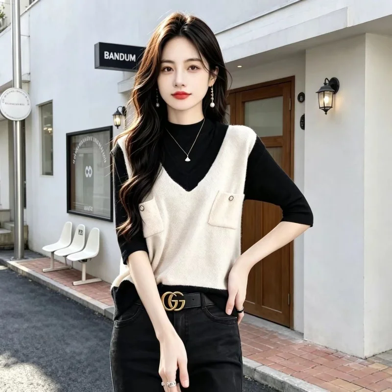 Gilet en laine pure 100 % pour femme, avec poches plaquées, col en V, coupe ample pour l’automne/hiver, idéal pour superposer des vêtements.