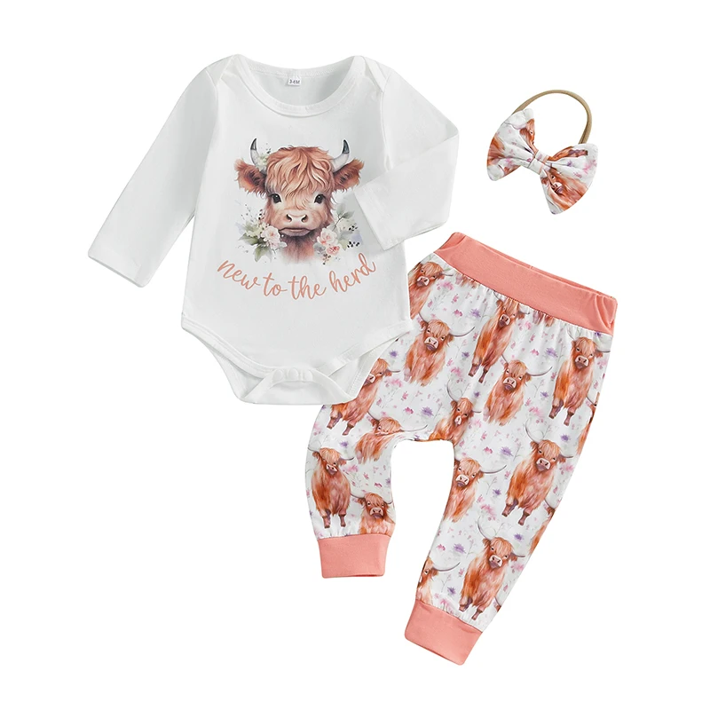 

Cathery Autumn Infant Baby Girl Fall Outfit Print Long Sleeve Romper Elastic Waist Pants Headband Fall Clothes Set 3 Pcs Set