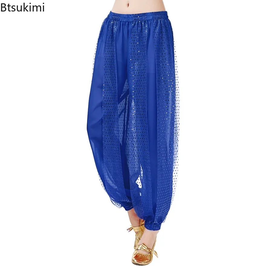 2025 New Indian Dance Pants Sequined Lantern Trousers Belly Dance Stage Performance Pants Fashionable Chiffon Jogger Dance Pants