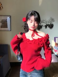 Fashionable Early Spring Flower V-neck Flared Sleeve Knitted Sweater for Women with A Red French Pullover Top Female Clothing