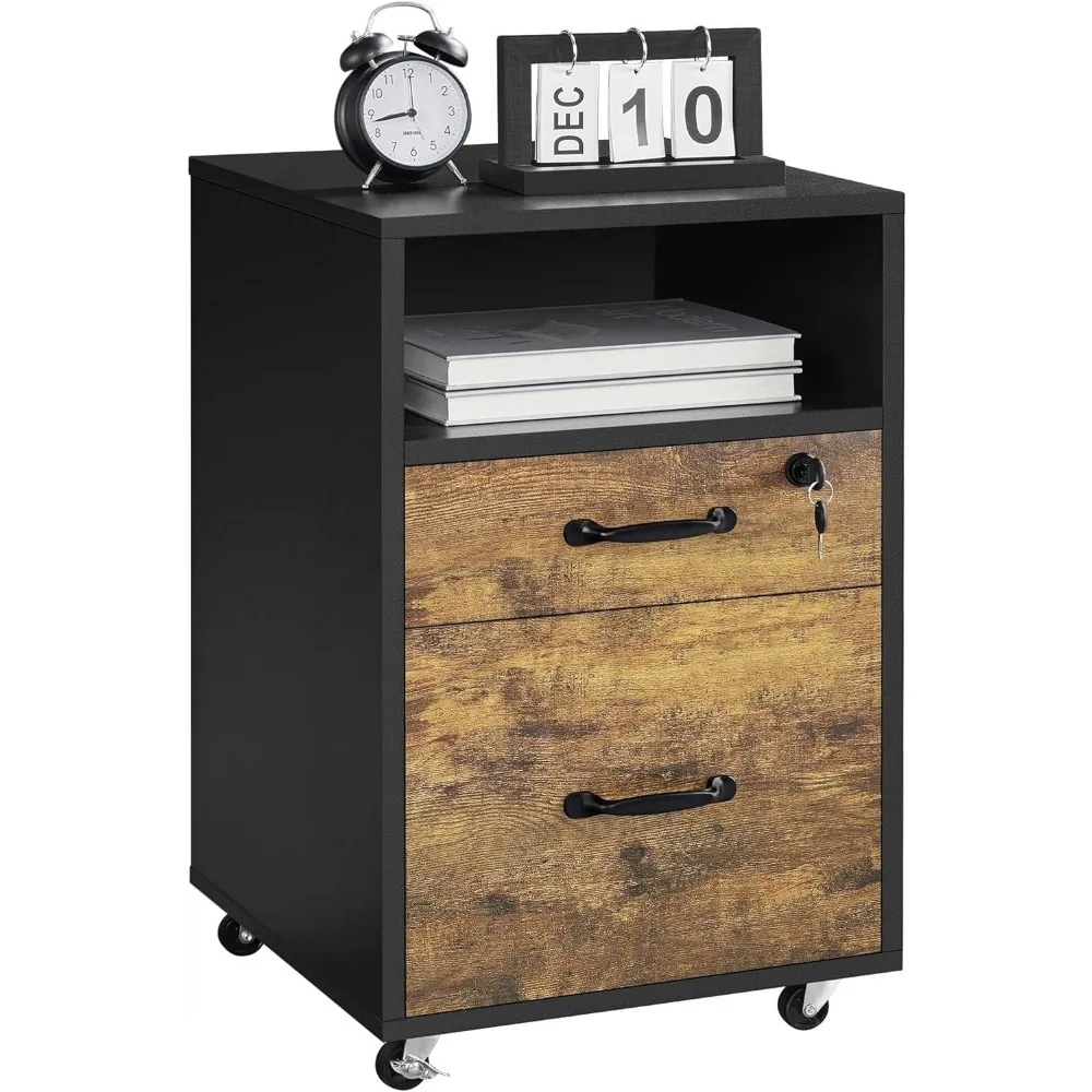 File Cabinet, Under Desk Vertical Cabinet With 2 Drawers and Open Compartment, Printer Stand with Lockable Wheels