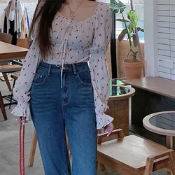 Spring Summer Floral Printing Fashion Lantern Sleeve Blouse Women High Street Casual Lacing Pleated Elegant All-match Pullovers